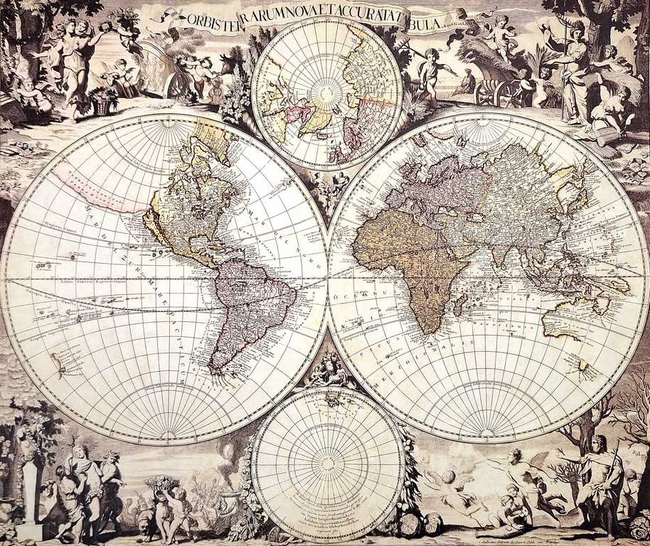 Mapa sveta 1686r. - G. Valck reprint s možnosťou personalizácie gravírovaním - ideálny darček pre historika a cestovateľa - rozmery 56,5 x 47,5 cm