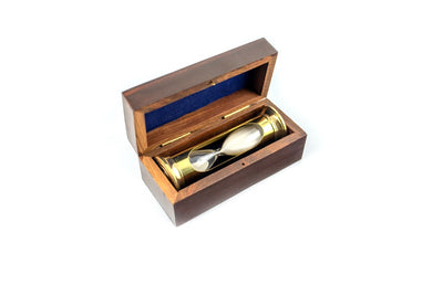 Presýpacie hodiny ROUND STP99 v drevenej krabičke s možnosťou personalizácie gravírovaním, mosadzné, zlatisté, 3 minúty, ideálny darček pre milovníkov RPG a držiteľov Guinnessových rekordov