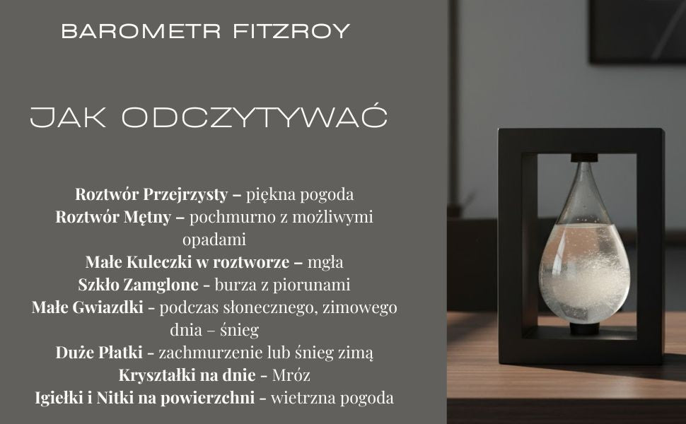 Búrkový barometer Fitzroya v drevenom ráme – kvapka Storm Glass s možnosťou personalizácie gravírovaním – ideálny darček na každú príležitosť – elegantná meteorologická stanica v modernom štýle s kryštálmi reagujúcimi na zmeny počasia