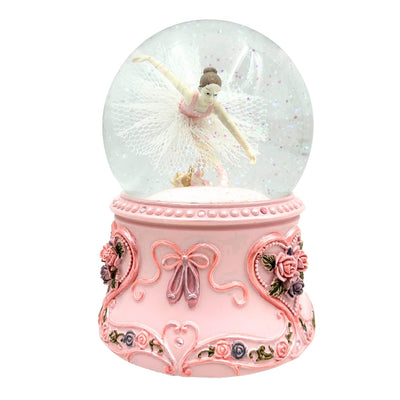 Tancujúca baletka v sklenenej guli 15cm s personalizovaným gravírovaním - elegantná hracia skrinka s pastelovou základňou a melódiou Labutie jazero