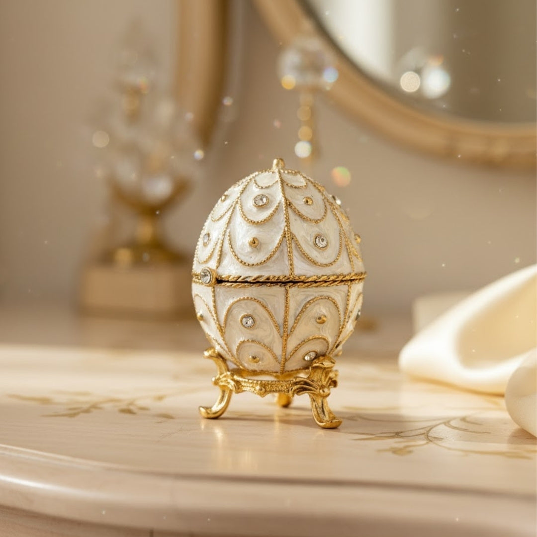 Exkluzívna kovová šperkovnica vajce Fabergé s kryštálikmi v bielo-zlatej farbe s možnosťou personalizácie gravírovaním