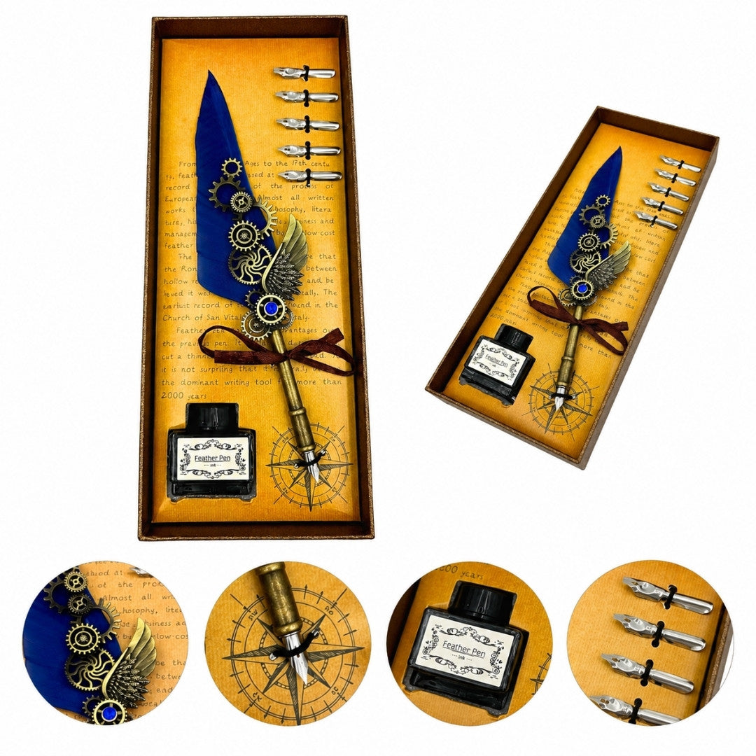 Súprava na kaligrafiu retro s modrým husím perom, 6 hrotov, atrament, personalizácia gravírovaním, elegantný darček v štýle vintage