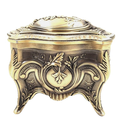 Zlatá kovová retro šperkovnica s možnosťou personalizácie gravírovaním - elegantná a bohato zdobená, ideálna ako darček - rozmery: 10,8 x 7,7 x 9,2 cm, masívna a pôsobivá, výborná na uchovávanie cenných predmetov