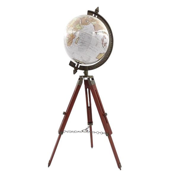 Elegantný koloniálny glóbus na drevenej trojnožke NC2140 s nastaviteľnou výškou do 78 cm, laminovanou mapou v odtieňoch bielej a hnedej, ideálny ako darček s možnosťou personalizácie gravírovaním