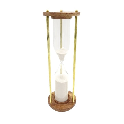 Mosadzno-drevené presýpacie hodiny 30min s možnosťou personalizácie gravírovaním - elegantný darček na každú príležitosť, výš. 30,5cm, biely piesok, klasické materiály