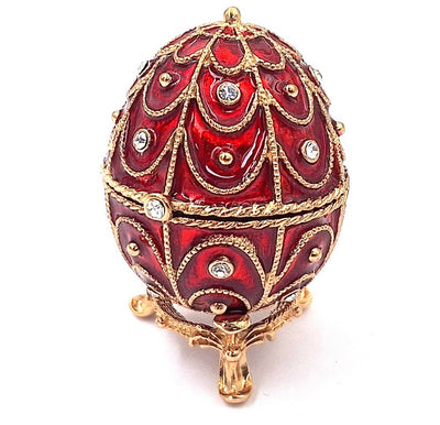 Exkluzívna kovová šperkovnica Fabergé s kryštálikmi v červeno-zlatej farbe, možnosť personalizácie gravírovaním, ideálna ako darček, rozmery 5,5x6,5cm