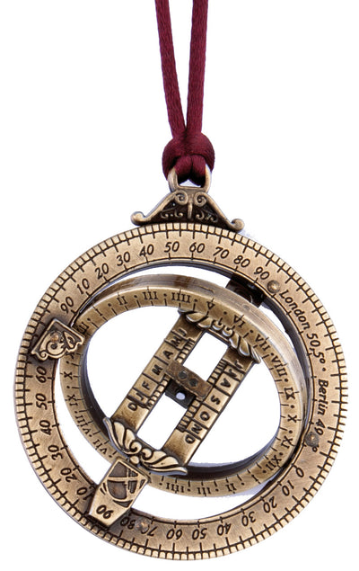 Miniatúrne slnečné hodiny H90 s astronomickými prstencami, personalizované gravírovanie, ideálny darček, bordový záves, vyhotovenie zo zamaku a mosadze, priemer 45mm