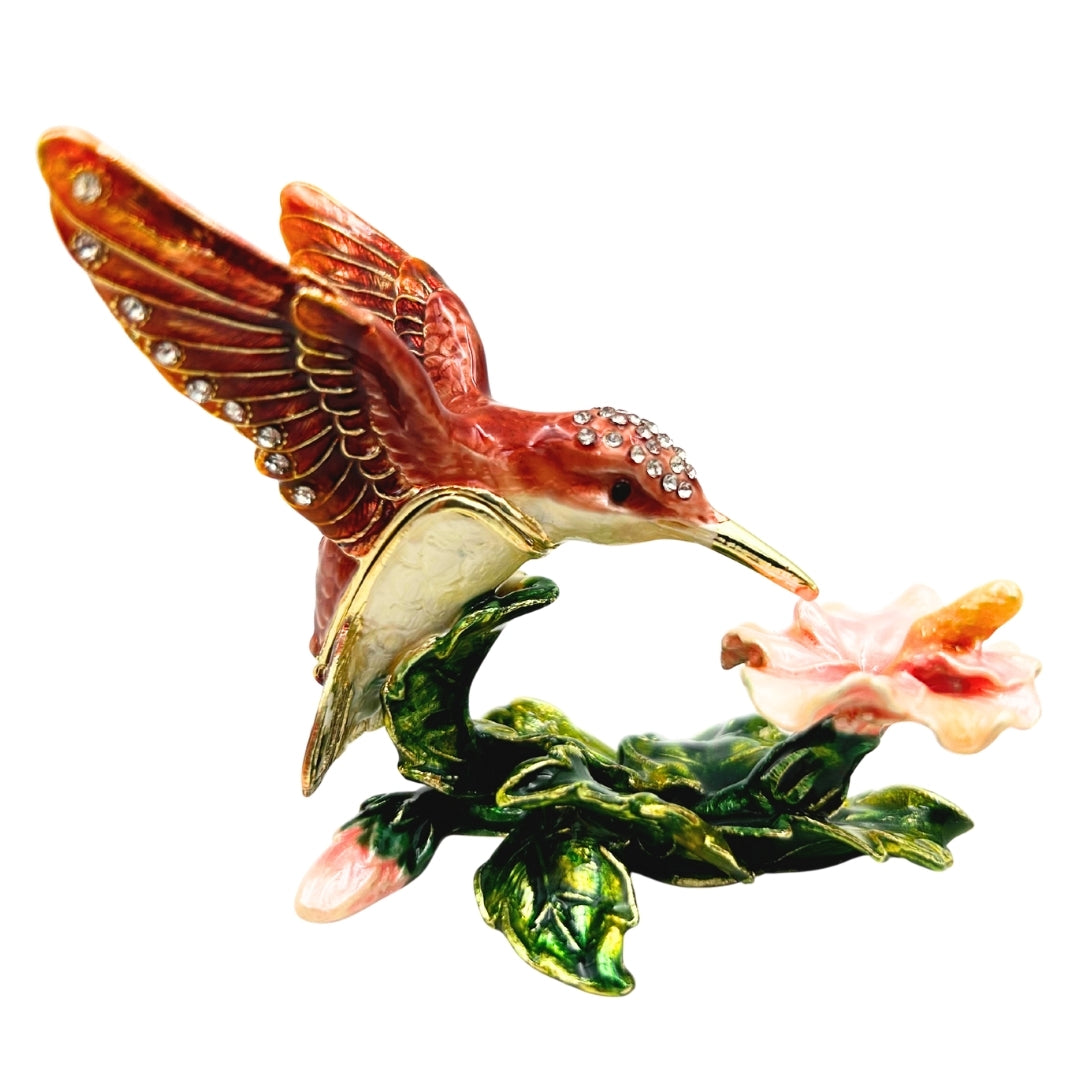 Exkluzívna šperkovnica kolibrík s kryštálikmi, personalizované gravírovanie, kovová, 8x5.5x7 cm