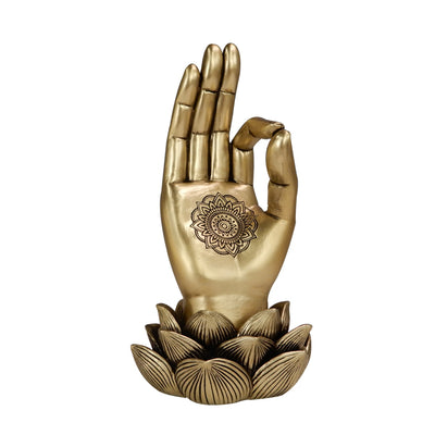 Zlatá figúrka Ruka Budhu Mudra OM s gravírovaním - elegantná dekorácia ako darček - lotosový kvet, 21cm, polyresin, štýl glamour