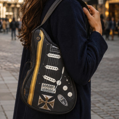 Taška cez rameno v tvare gitary s maltézskym krížom – personalizovaný darček pre gitaristu