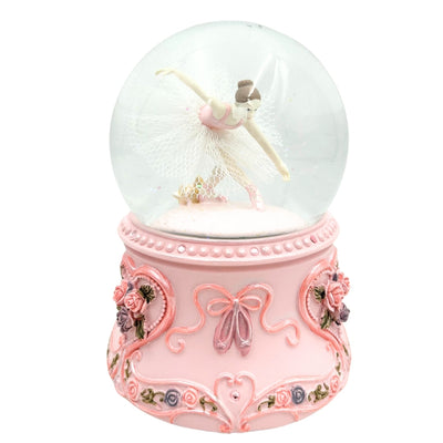 Tancujúca baletka v sklenenej guli 15cm s personalizovaným gravírovaním - elegantná hracia skrinka s pastelovou základňou a melódiou Labutie jazero