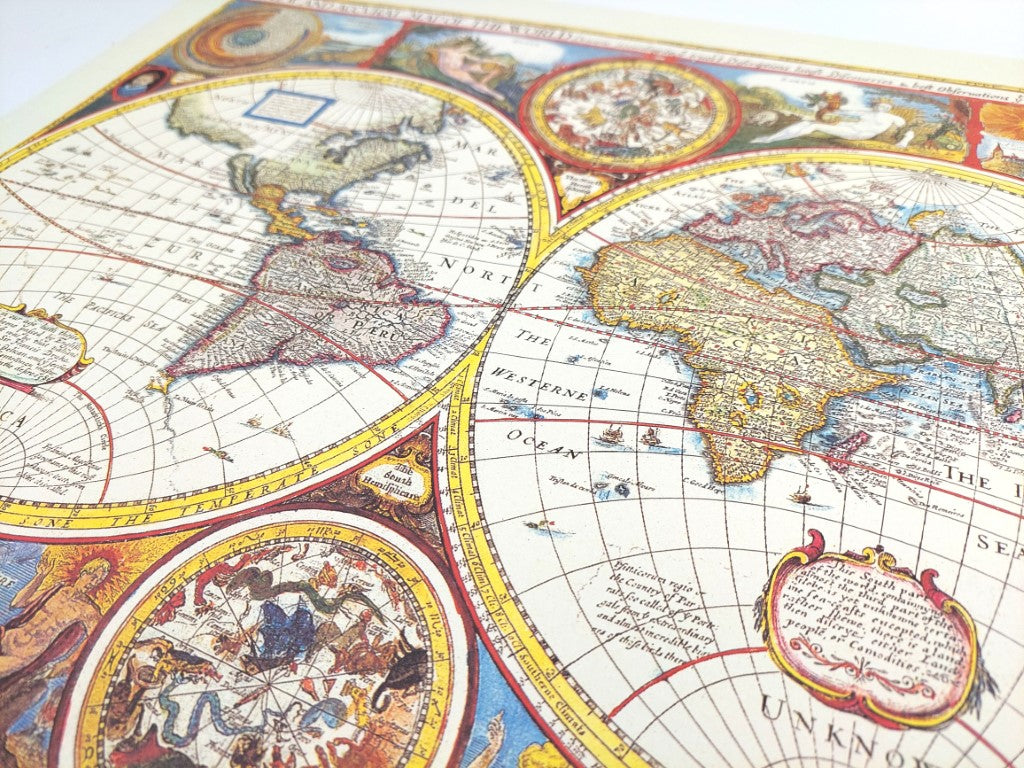 Mapa Świata Retro z Grawerem - Personalizowana Dekoracja na Prezent - Reprint Johna Speeda z 1651 roku - Wymiary 52 x 39 cm - Kolorowa i Szczegółowa Grafika
