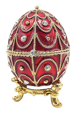 Exkluzívna kovová šperkovnica Fabergé s kryštálikmi v červeno-zlatej farbe, možnosť personalizácie gravírovaním, ideálna ako darček, rozmery 5,5x6,5cm