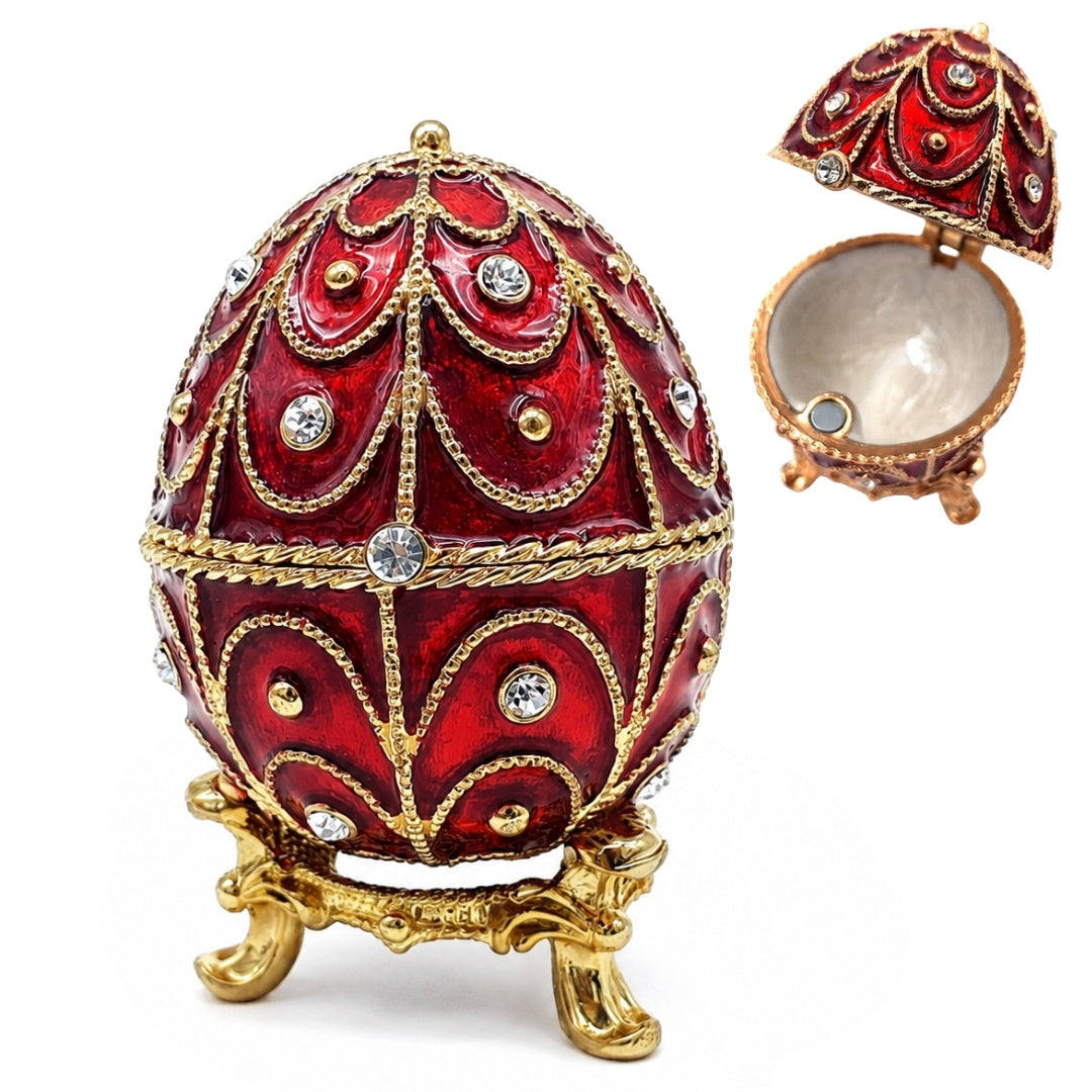 Exkluzívna kovová šperkovnica Fabergé s kryštálikmi v červeno-zlatej farbe, možnosť personalizácie gravírovaním, ideálna ako darček, rozmery 5,5x6,5cm