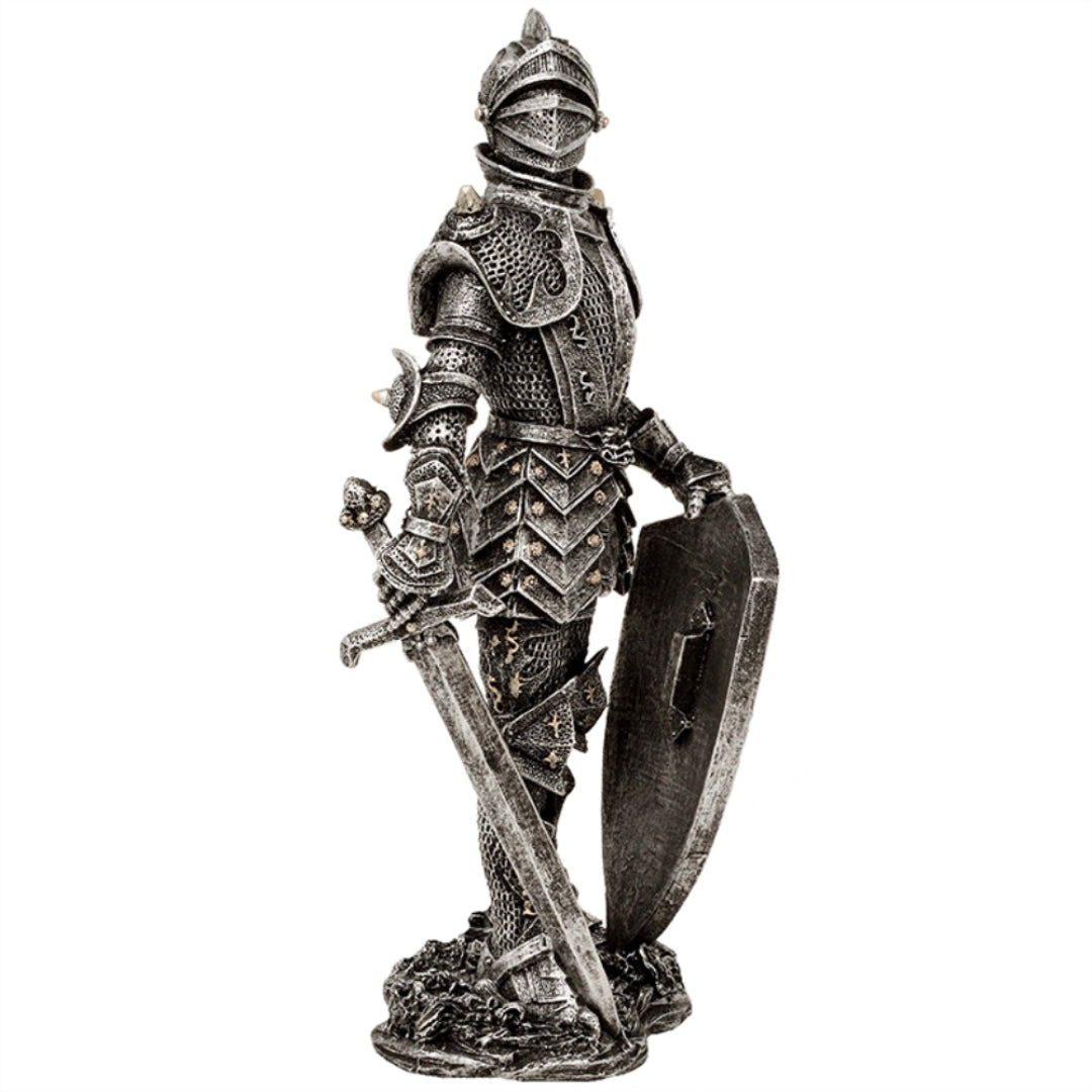 Figurka Dekoracyjna Rycerz w Srebrnej Zbroi 30 cm z Możliwością Personalizacji Grawerem - Elegancki Prezent dla Miłośników Historii i Fantasy, Ręcznie Malowana z Polyresinu