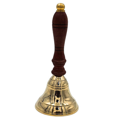 Dzwonek Ręczny Mosiężny z Drewnianą Rączką w Stylu Retro – Personalizowany Grawer, Idealny na Prezent – Wysokość 16 cm, Średnica 7,5 cm, Złoty i Brązowy