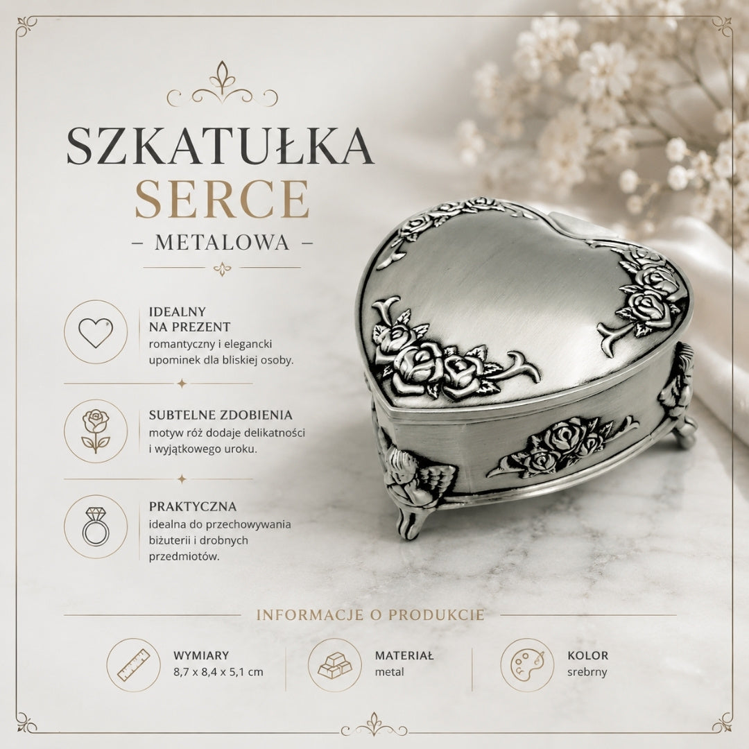 Kovová škatuľka v tvare srdca s možnosťou personalizácie gravírovaním – elegantný darček na Valentína, výročie alebo narodeniny, zdobená motívom ruže, rozmery 8,7 x 8,4 x 5,1 cm