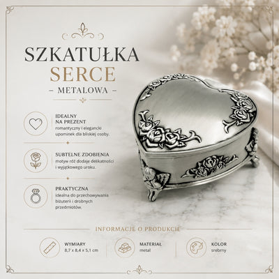 Kovová škatuľka v tvare srdca s možnosťou personalizácie gravírovaním – elegantný darček na Valentína, výročie alebo narodeniny, zdobená motívom ruže, rozmery 8,7 x 8,4 x 5,1 cm