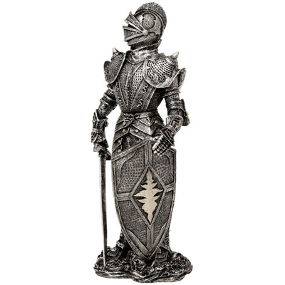 Figurka Dekoracyjna Rycerz w Srebrnej Zbroi 30 cm z Możliwością Personalizacji Grawerem - Elegancki Prezent dla Miłośników Historii i Fantasy, Ręcznie Malowana z Polyresinu