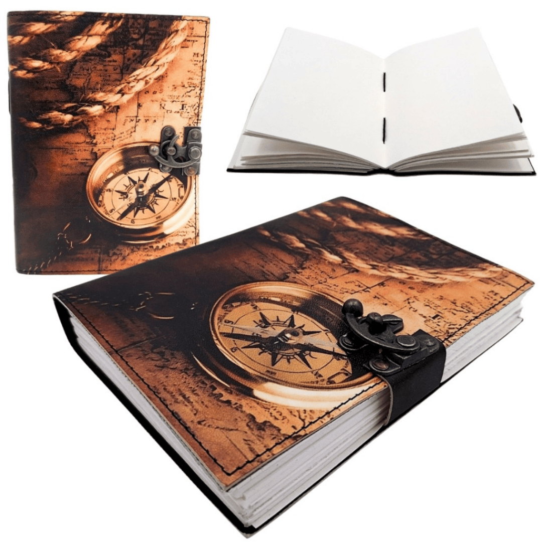 Kožený zápisník retro vintage kompas 200 strán s možnosťou personalizácie gravírovaním