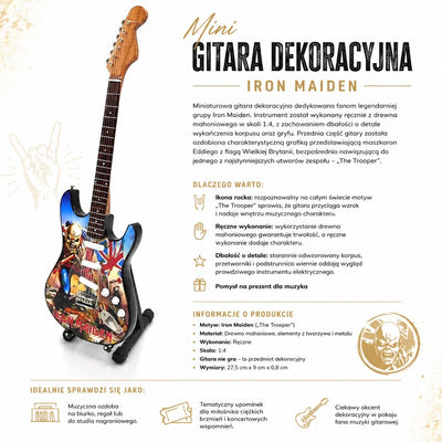 Mini dekoratívna gitara Iron Maiden „The Trooper“ z mahagónu – ručne vyrobená ozdoba pre fanúšikov hudby