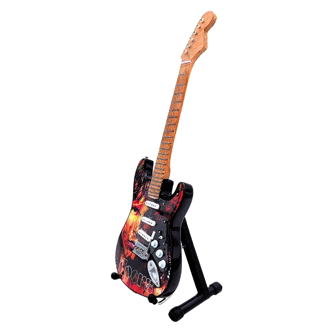 Mini gitara Jim Morrison The Doors - mahagónové drevo - personalizované gravírovanie - ideálny darček pre fanúšikov hudby - výška 27,5 cm - zberateľský dekoratívny prvok