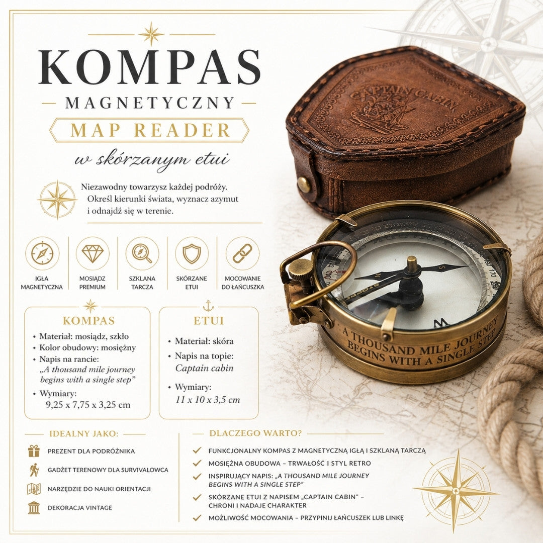Kompas Wędrowca z Personalizowanym Grawerem w Skórzanym Etui - Mosiężny Retro Gadżet na Prezent, 9,25 cm z Inspirowującym Napisem