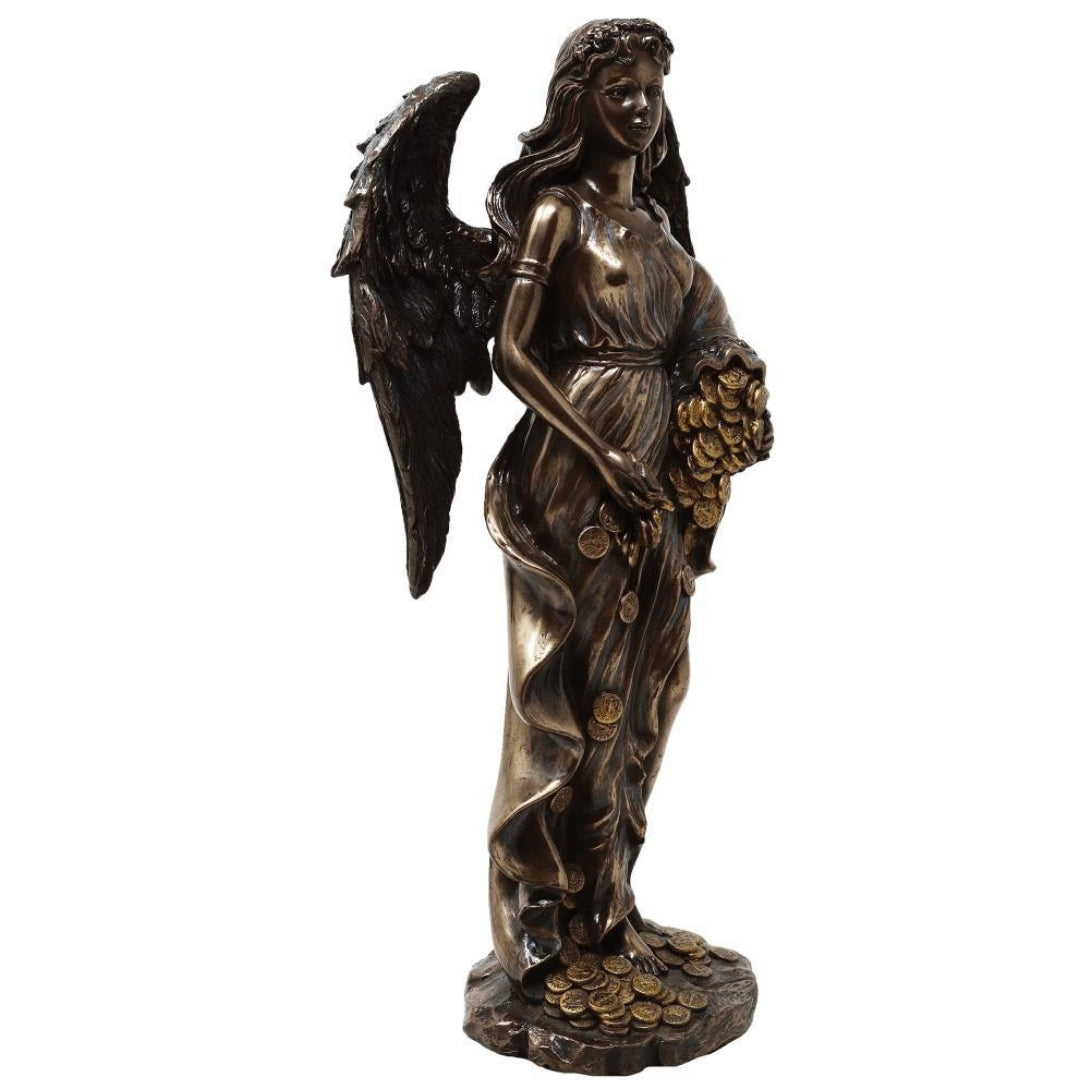 Figúrka Fortuna, bohyňa šťastia a bohatstva, 29cm s rohom hojnosti - personalizované gravírovanie na darček, elegantná dekorácia z konglomerátu živíc v odtieňoch hnedej a medi