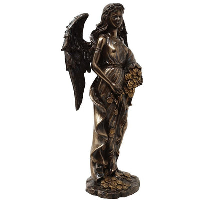 Figúrka Fortuna, bohyňa šťastia a bohatstva, 29cm s rohom hojnosti - personalizované gravírovanie na darček, elegantná dekorácia z konglomerátu živíc v odtieňoch hnedej a medi