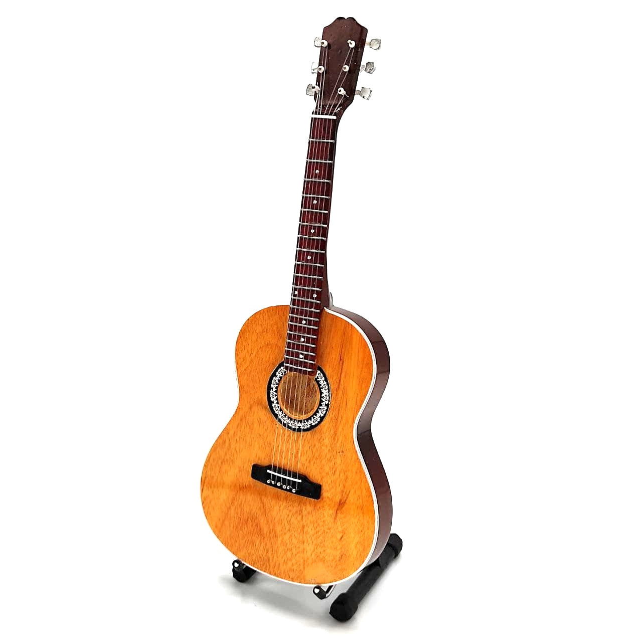 Mini klasická gitara s gravírovaním - drevená mahagónová dekorácia 25 cm