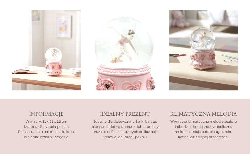 Tancujúca baletka v sklenenej guli 15cm s personalizovaným gravírovaním - elegantná hracia skrinka s pastelovou základňou a melódiou Labutie jazero