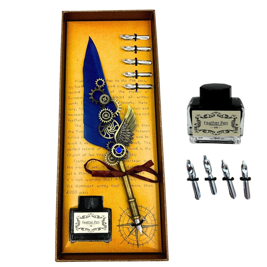 Súprava na kaligrafiu retro s modrým husím perom, 6 hrotov, atrament, personalizácia gravírovaním, elegantný darček v štýle vintage