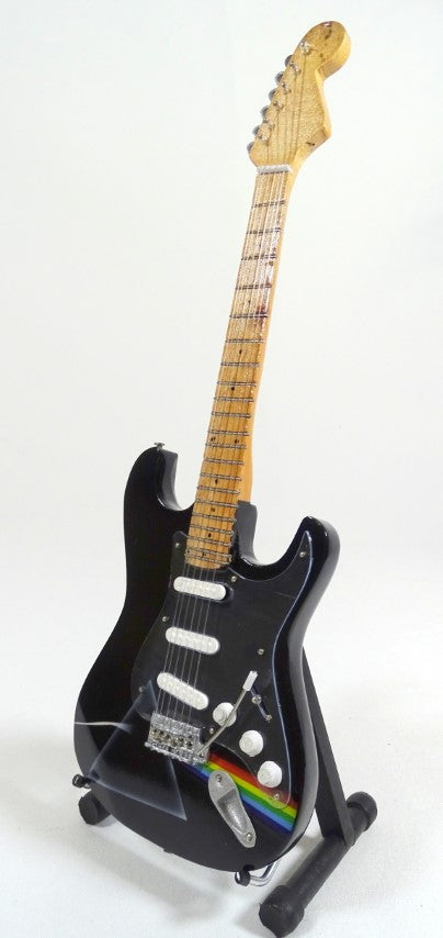 Mini gitara Pink Floyd z mahagónového dreva, ručne vyrobená, 27,5 cm, možnosť personalizácie gravírovaním, ideálny darček pre fanúšikov hudby
