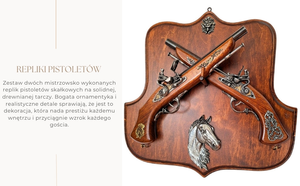 Replika kresadlových pištolí na drevenom vešiaku s možnosťou personalizácie gravírovaním – ideálny darček pre milovníkov histórie a zberateľov – vysoká kvalita, pevná konštrukcia, elegantný dizajn 45x44 cm