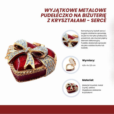 Kovová krabička na šperky v tvare srdca s kryštálmi, červeno-zlato-strieborná, možnosť personalizácie gravírovaním, ideálna ako romantický darček, rozmery 4,8 x 4 x 2,5 cm