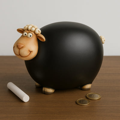 Pokladnička ovečka s tabuľovou farbou s možnosťou personalizácie – čierna s prvkami béžovej a bielej, výška 19,5 cm