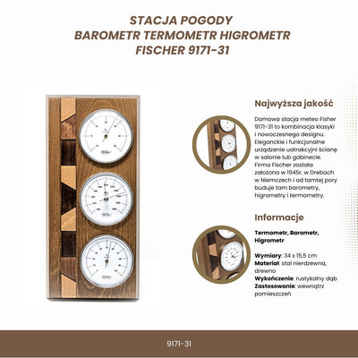 Meteorologická stanica Fischer 9171-31 s barometrom, vlhkomerom a teplomerom na drevenom podstavci s možnosťou personalizácie gravírovaním