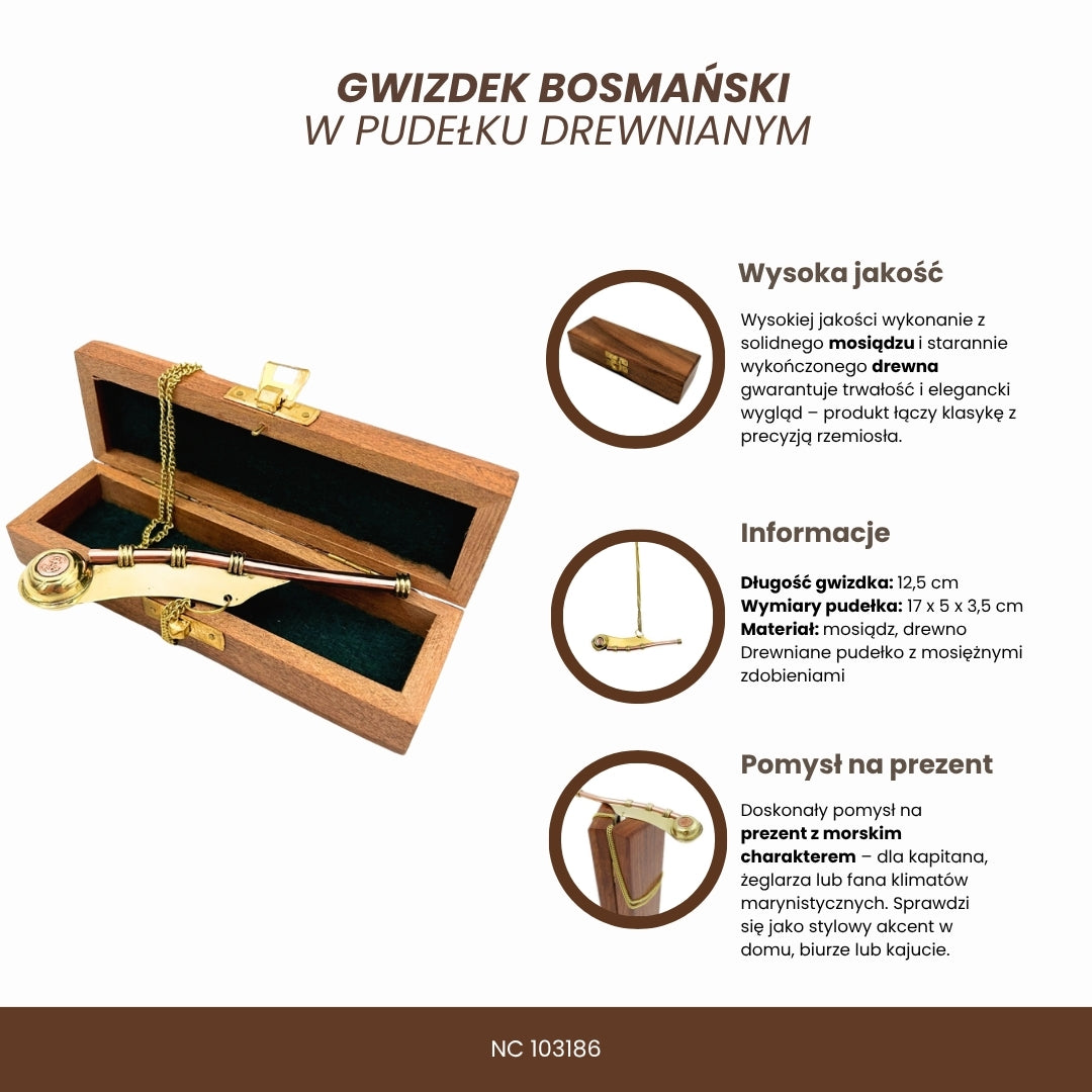 Bosmanská píšťalka s gravírovaním v elegantnej drevenej škatuľke – mosadzná, 12,5 cm