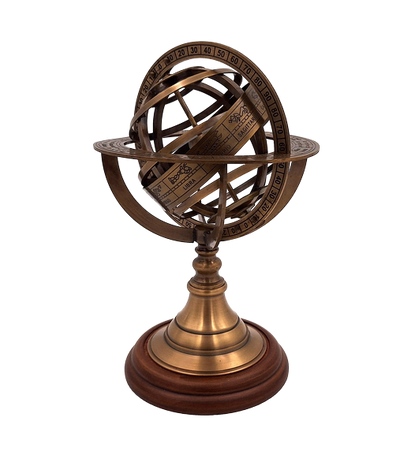 Mosadzné astrolábium 21 cm s dreveným podstavcom – personalizovaný darček pre milovníkov astronómie v zlatej farbe