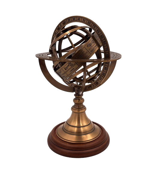 Mosadzné astrolábium 21 cm s dreveným podstavcom – personalizovaný darček pre milovníkov astronómie v zlatej farbe