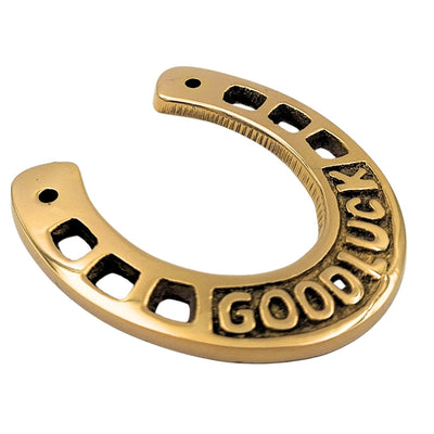 Mosadzná podkova šťastia 7 cm s gravírovaním - elegantný darček do nového domu, k maturite alebo do novej práce, zlatá ozdoba s nápisom Good Luck