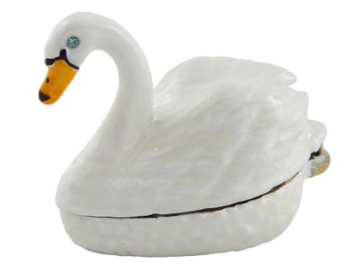 Elegantná kovová darčeková krabička v tvare labute s možnosťou personalizácie gravírovaním, bielo-zlatá, ideálna na uchovávanie šperkov - Rozmery 5x3.7x2.7 cm