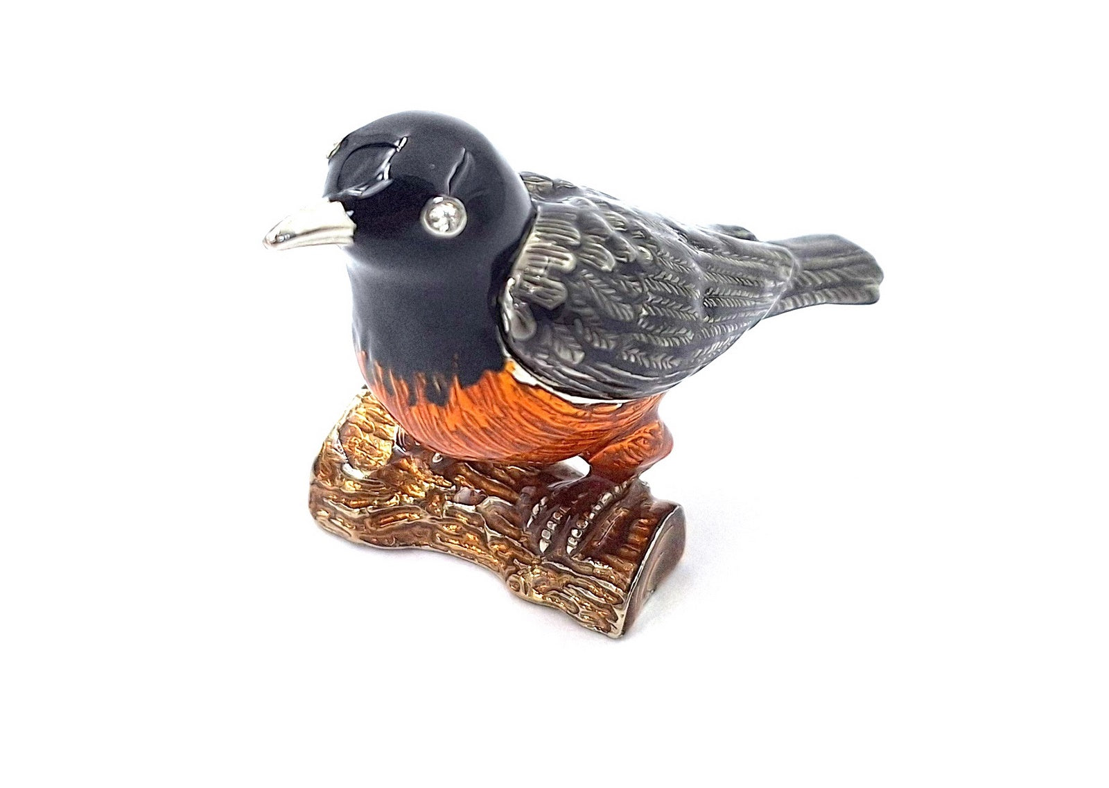 Kovová krabička v tvare vtáčika s kryštálikmi, personalizovaná gravírovaním, ideálna ako darček - čierna, strieborná, hnedá, oranžová, rozmery 5x6x5cm, materiál: kov, smalt, kryštál
