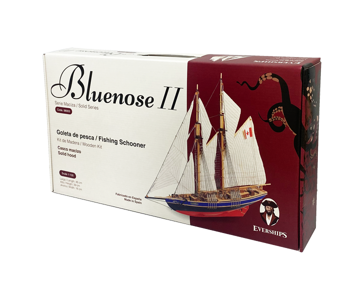 Model na lepenie Bluenose II – drevený škuner 38x31x6,5 cm s možnosťou personalizácie gravírovaním – ideálny darček pre jachtára, vyrobený z prírodných materiálov, úroveň náročnosti: stredne pokročilý