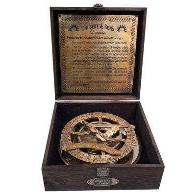 Mosadzný kompas 20 cm so slnečnými hodinami v drevenej krabičke s možnosťou personalizácie gravírovania