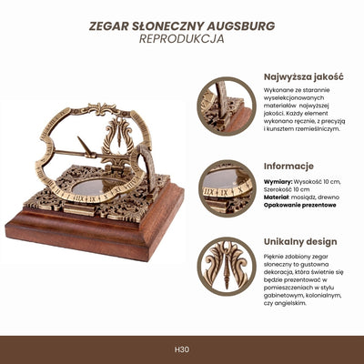 Mosadzné slnečné hodiny Habsburg H30 s možnosťou personalizácie gravírovaním, ideálne ako darček, v elegantnom augsburskom štýle, výška 10 cm, na drevenej základni