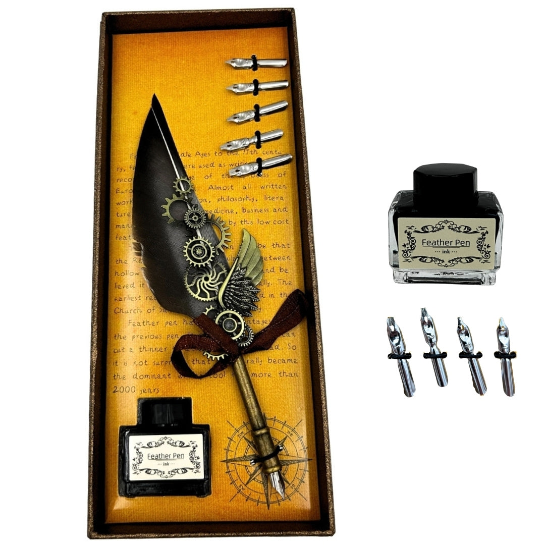 Elegantná retro súprava na kaligrafiu so sivým husím brkom, 6 hrotmi, atramentom 15ml a možnosťou personalizácie gravírovaním