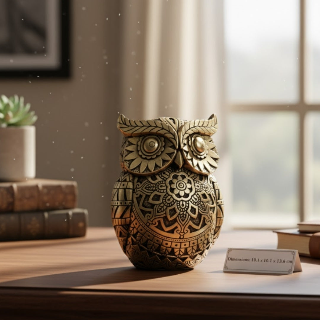 Sova múdrosti s možnosťou personalizácie gravírovaním, dekorácia v zlatej a čiernej farbe, výška 13,6 cm, ideálny darček na každú príležitosť