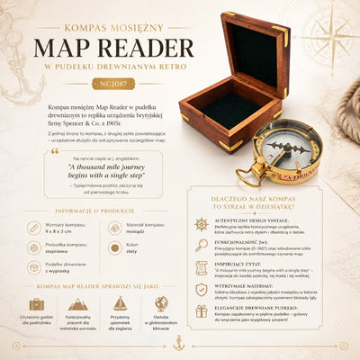 Mosadzný kompas Map Reader s gravírovaním v drevenej retro škatuľke