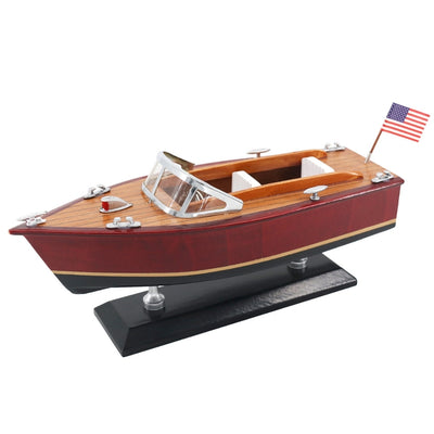 Model drevenej motorovej lode s gravírovaním – klasický motorový čln 26cm v hlbokých tónoch dreva